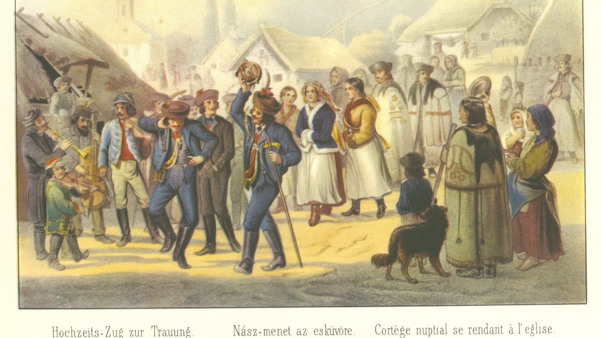 Nuptial procession by Károly Sterio (colour lithography, 1855). The groomsman is carrying a fokos.
