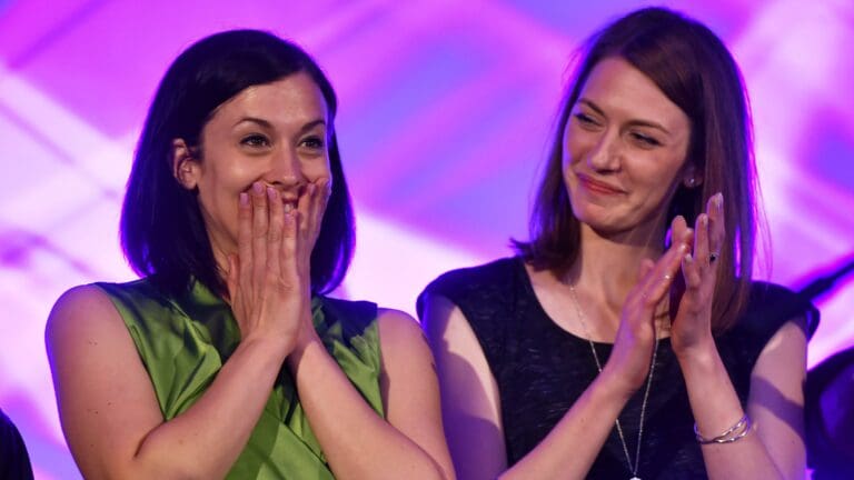 Katalin Cseh and Anna Donáth of Momentum rejoice at their being elected to the EP in the European Parliament elections on 26 May 2019.