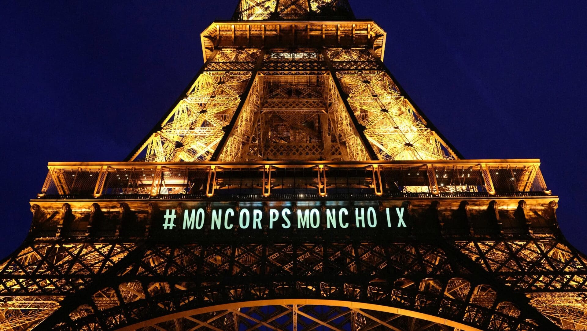 A message reading ‘My body my choice’ is projected onto the Eiffel Tower after the French Parliament voted to anchor the right to abortion in the country’s constitution on 4 March 2024.