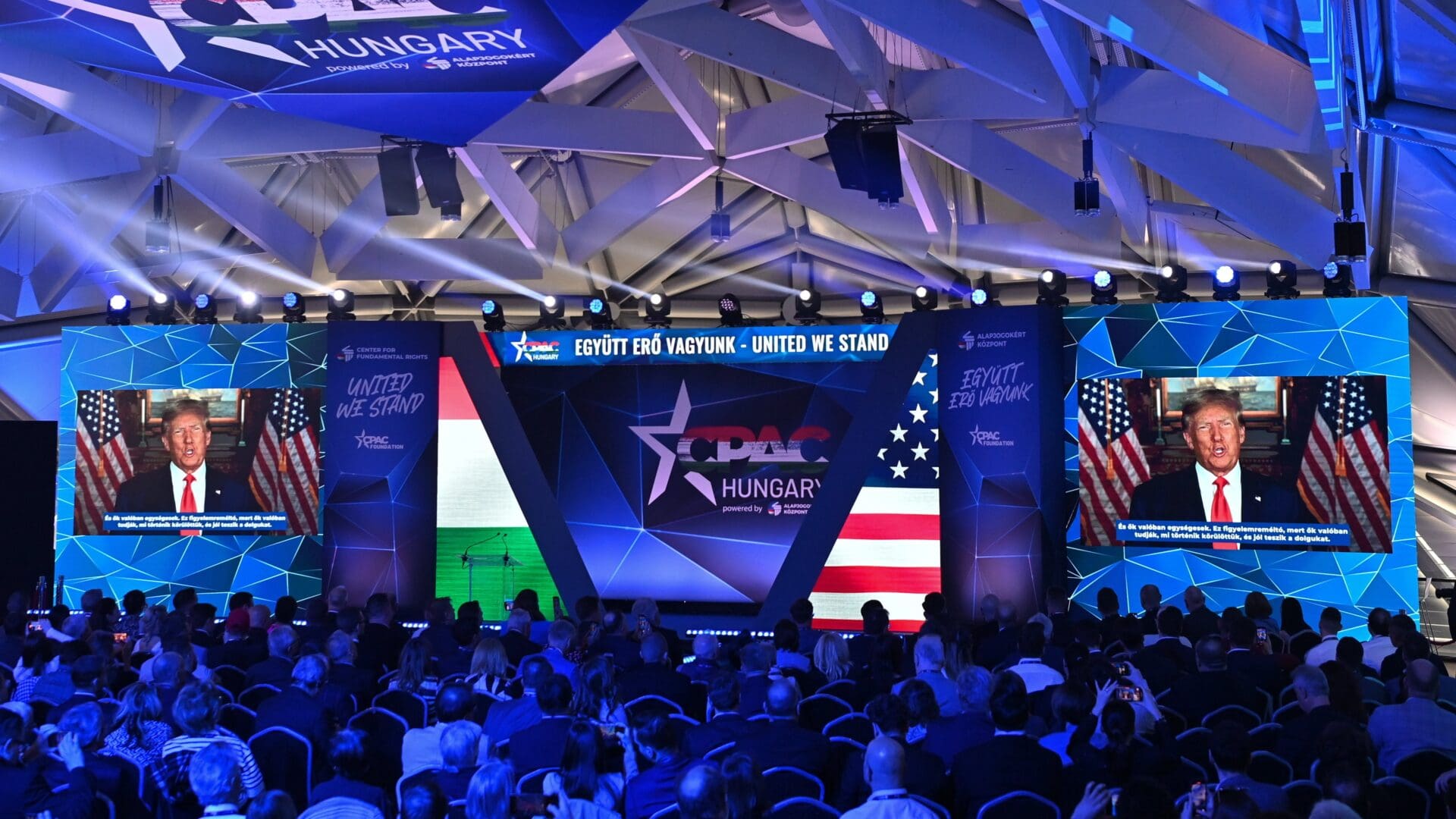 Former President Donald Trump addresses the attendees of CPAC Hungary 2023 in a video message on 5 May 2023.