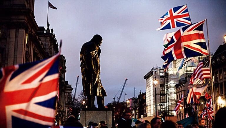 The statue of Britain’s wartime leader Winston Churchill stands surrounded by Union Jack flags on the day of Britain’s exit from the EU in London, UK, 31 January 2020