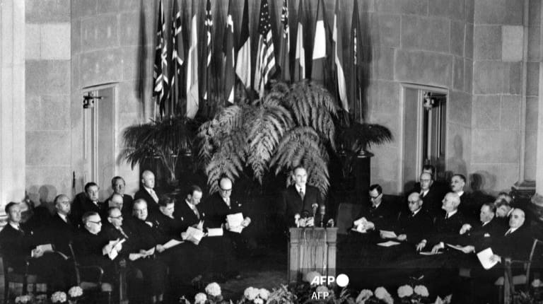 General view taken on 4 April 1949 in Washington of the official signing ceremony creating the North Atlantic Treaty Organization (NATO)