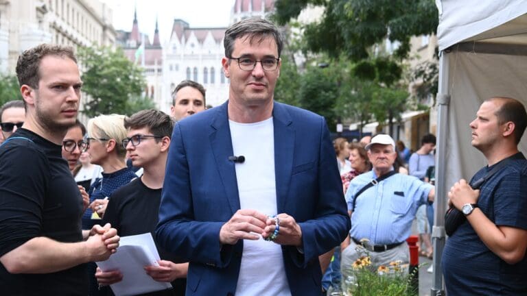 Budapest Mayor Gergely Karácsony at the protest outside the headquarters of the National Election Commission demanding the purity of elections on 14 June 2024 in central Budapest.