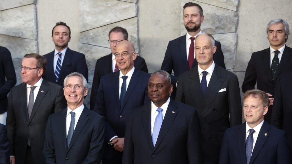 Hungarian Defence Minister Kristóf Szalay-Bobrovniczky in the group photo of NATO defence ministers (second row, first from right) standing next to German Defence Minister Boris Pistorius and behind US Defence Secretary Lloyd Austin on 14 June 2024 in Brussels