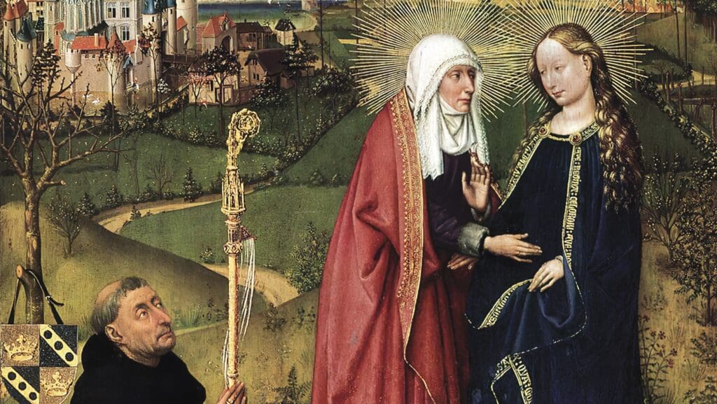 Jacques Daret, The Visitation (1434–1435). Gemäldegalerie der Staatlichen Museen zu Berlin, Germany