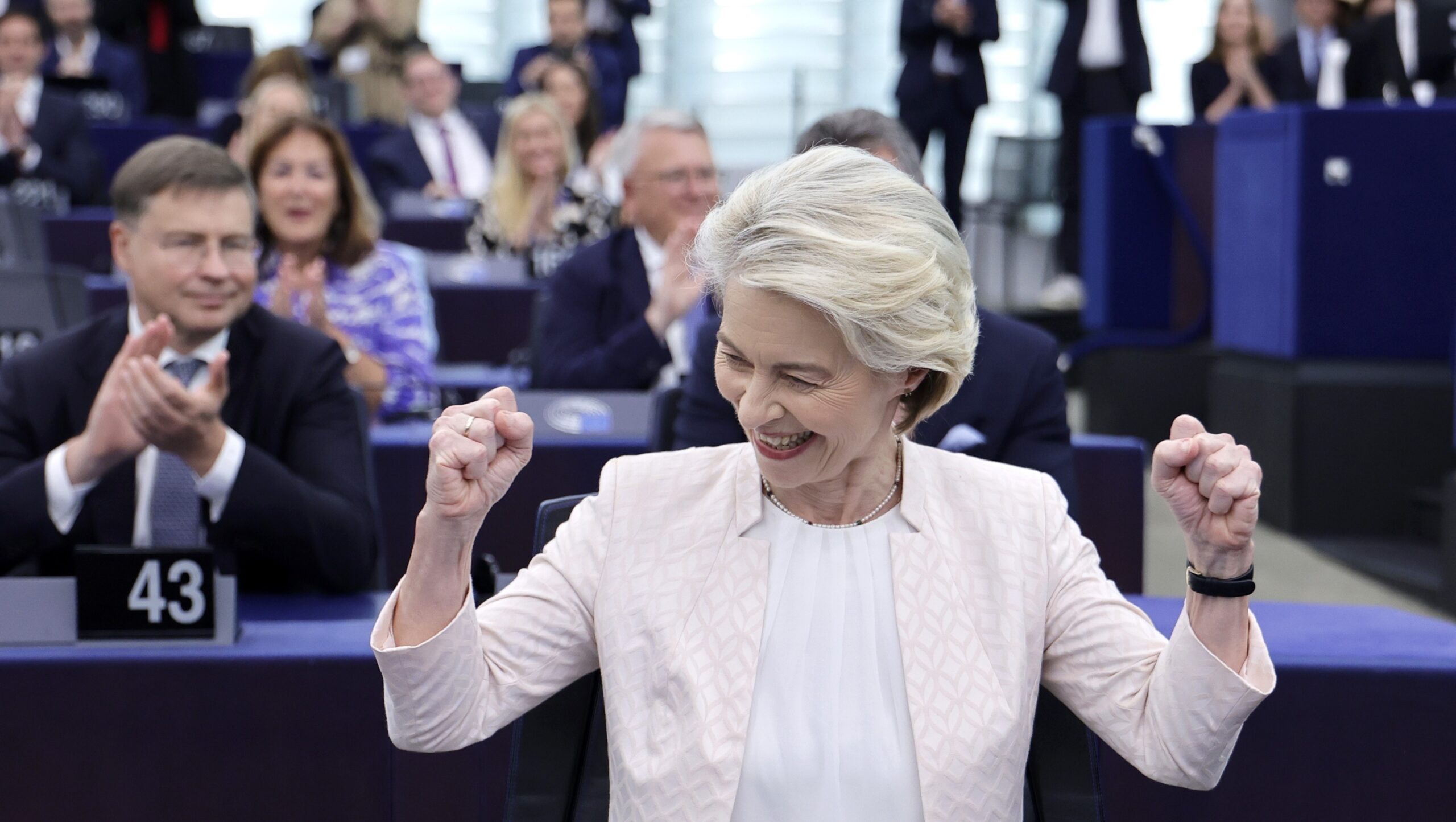 European Commission President Ursula von der Leyen celebrates after she was re-elected for a second term at The European Parliament in Strasbourg, eastern France on 18 July 2024.