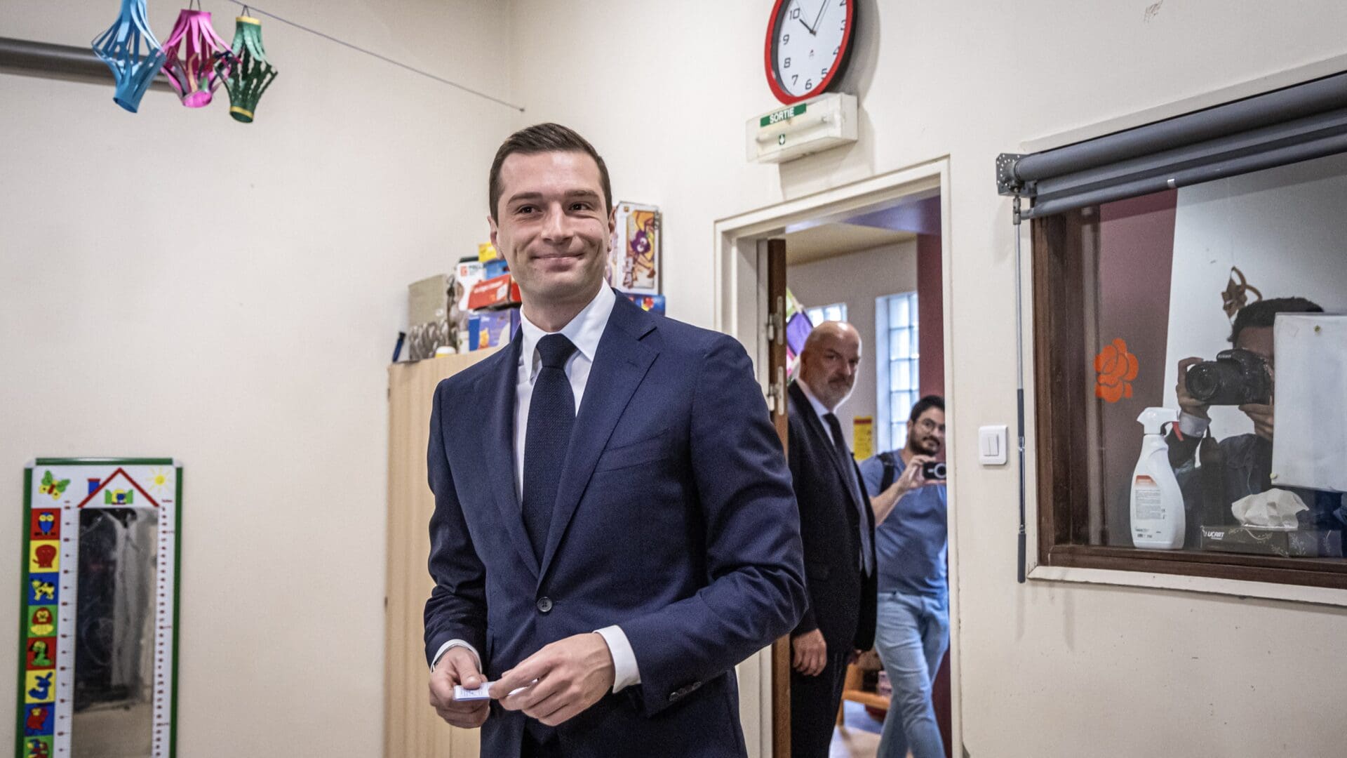 RN President Jordan Bardella arrives to vote in the French snap election on 30 June 2024.