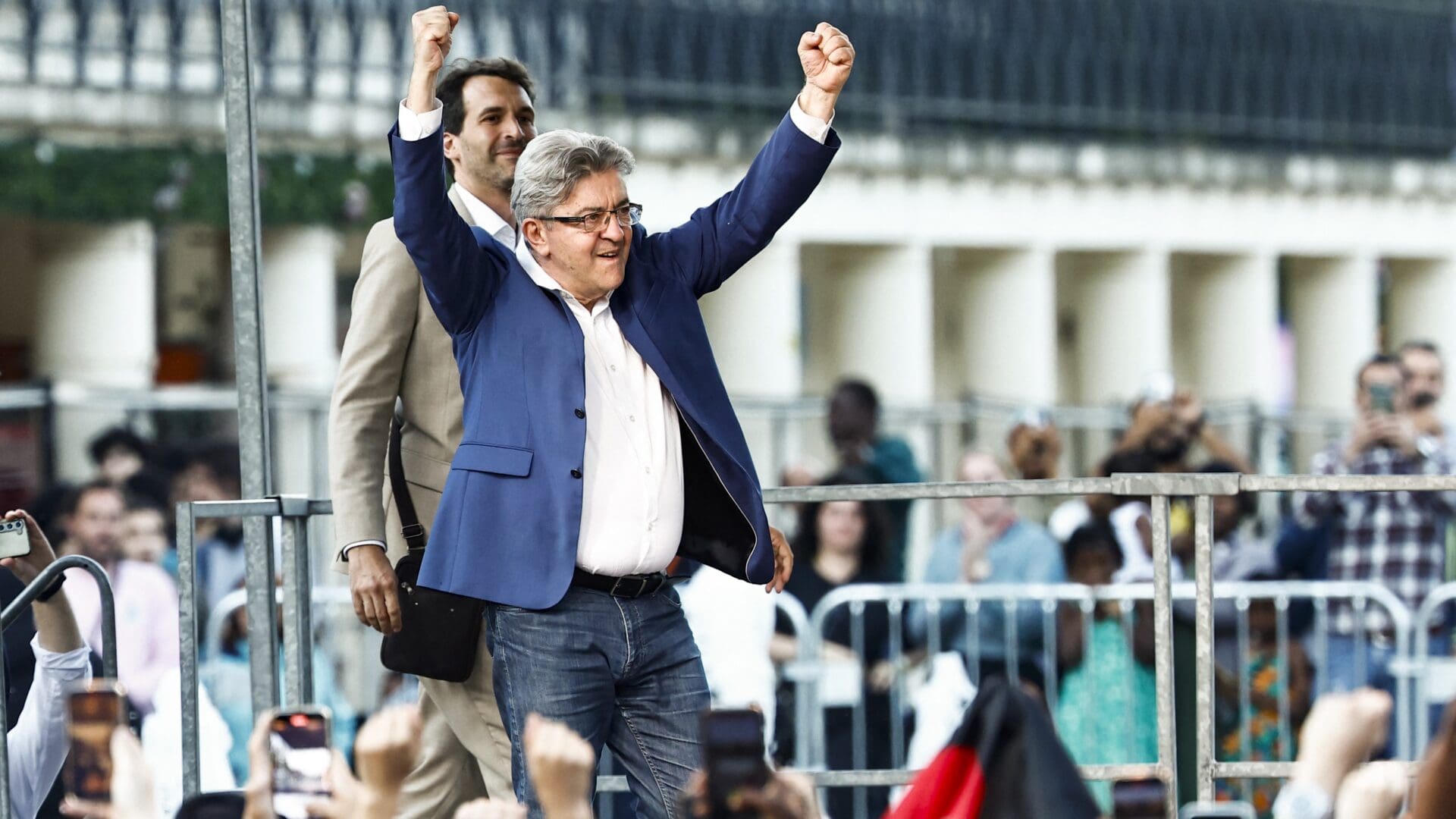 Jean-Luc Mélenchon celebrates at the election night of left-wing party La France Insoumise (LFI) following the first results of the second round of France's legislative election in Paris on 7 July 2024.