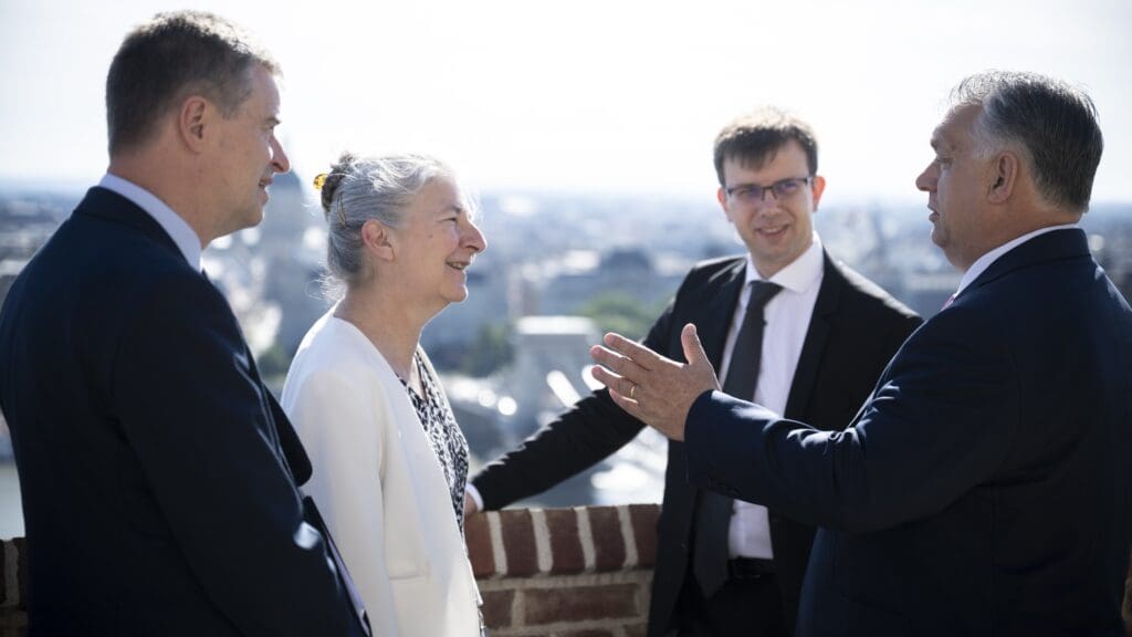 Viktor Orbán (R) with Thérèse Blanchet, the Secretary-General of the CoEU, Didier Seeuws, Director‑General for General and Institutional Policy (GIP) of the CoEU (L) and János Bóka, Minister for EU Affairs at the Carmelite Monastery on 2 July 2024