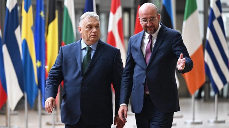 Exiting European Council President Charles Michel (R) welcomes Hungarian Prime Minister Viktor Orban prior to their meeting in Brussels, Belgium on 1 July 2024.