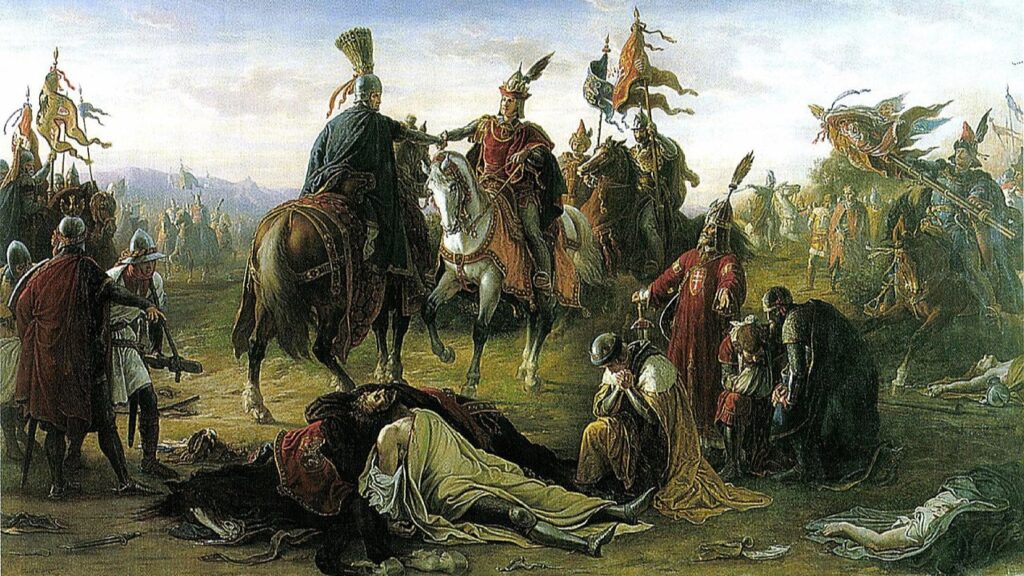 Battle on the Marchfeld: Victory of Rudolf I of Habsburg and Ladislaus IV of Hungary over Ottokar II of Bohemia