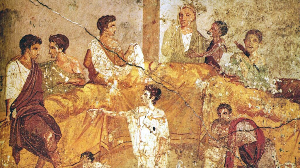 Pompeiian fresco depicting a multigenerational banquet or family ceremony (before 79 AD). Museo Archeologico Nazionale, Naples, Italy