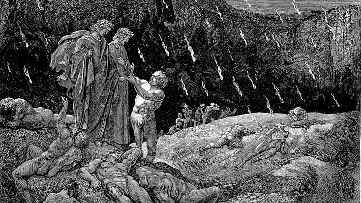 Dante and Virgil meet Brunetto Latini in Hell (book illustration by Gustave Doré, 1857)