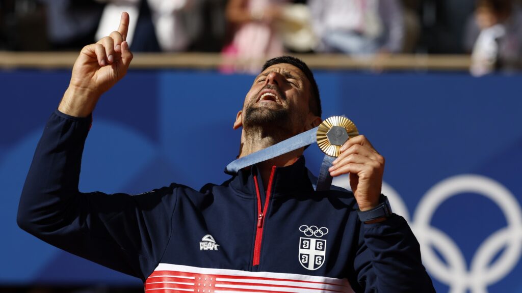 Novak Djokovic thanks God for the gold medal at the Paris Olympics on 4 August 2024.