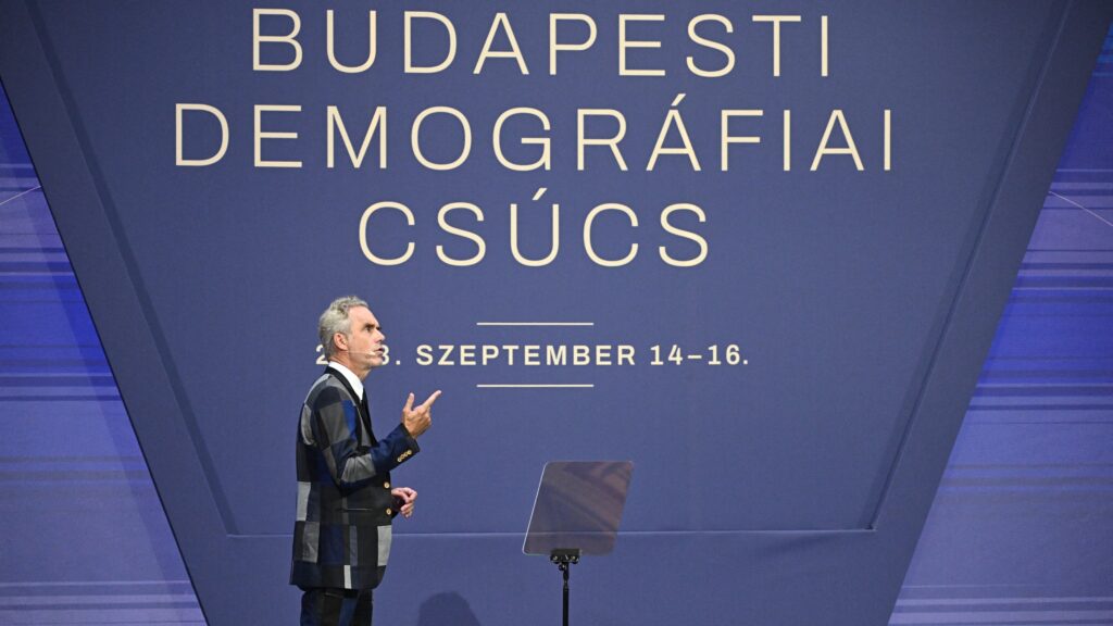 Canadian clinical psychologist Jordan B. Peterson addresses the 5th Demographic Summit in the Fine Arts Museum in Budapest on September 14, 2023.