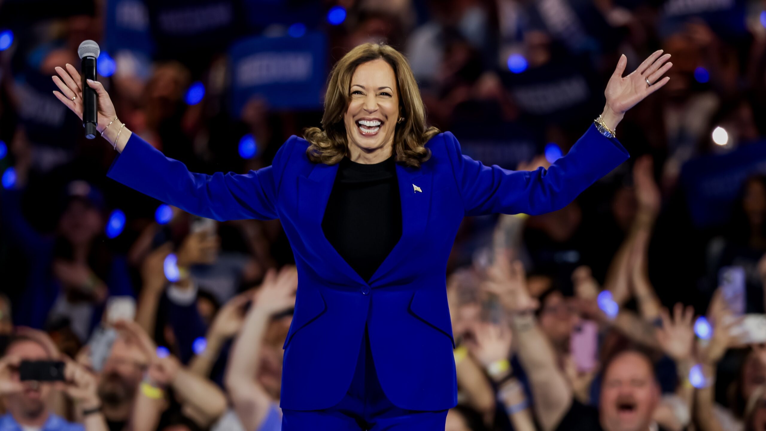 Kamala Harris greets her supporters at a campaign rally in Milwaukee, Wisconsin on 21 August 2024.