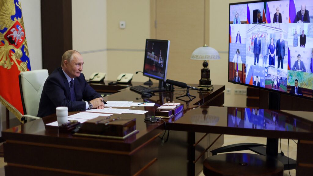 Vladimir Putin chairs an online meeting on the situation in Belgorod, Kursk and Bryansk regions following an incursion of Ukrainian troops in the course of Russia-Ukraine conflict.