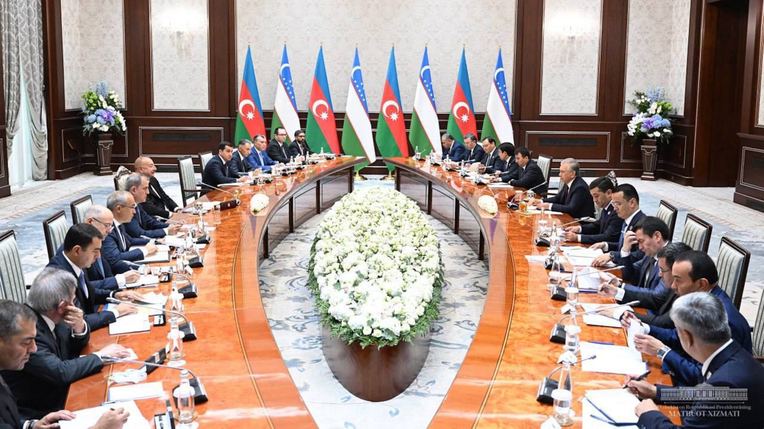 President of Uzbekistan Shavkat Mirziyoyev and President of Azerbaijan Ilham Aliyev hold a meeting at Ak Saray Presidential Palace in Tashkent, Uzbekistan on 23 August 2024.