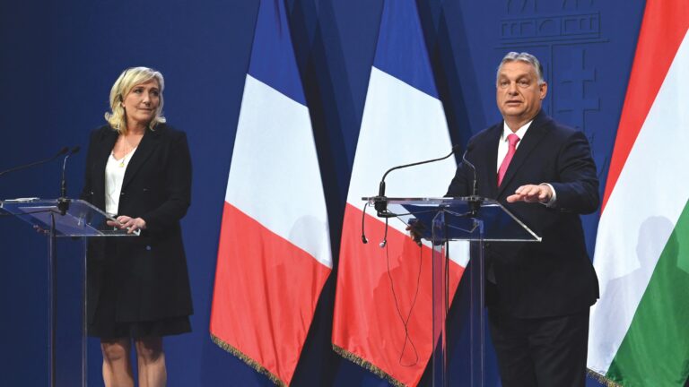 Leader of the French party Rassemblement National Marine Le Pen and Hungarian Prime Minister Viktor Orbán attend a joint press conference in the Prime Minister’s office, Budapest, Hungary, 26 October 2021.