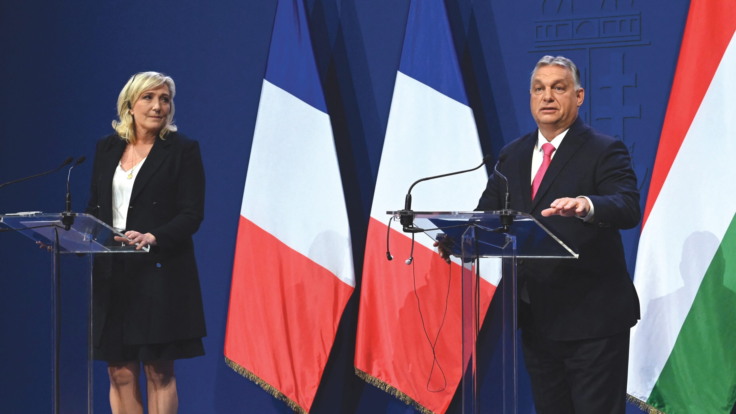 Leader of the French party Rassemblement National Marine Le Pen and Hungarian Prime Minister Viktor Orbán attend a joint press conference in the Prime Minister’s office, Budapest, Hungary, 26 October 2021.