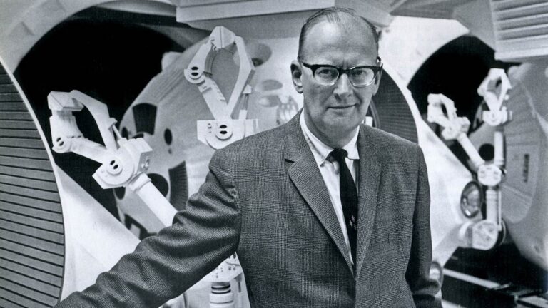 Arthur C. Clarke in 1965, photographed in the Discovery's pod bay