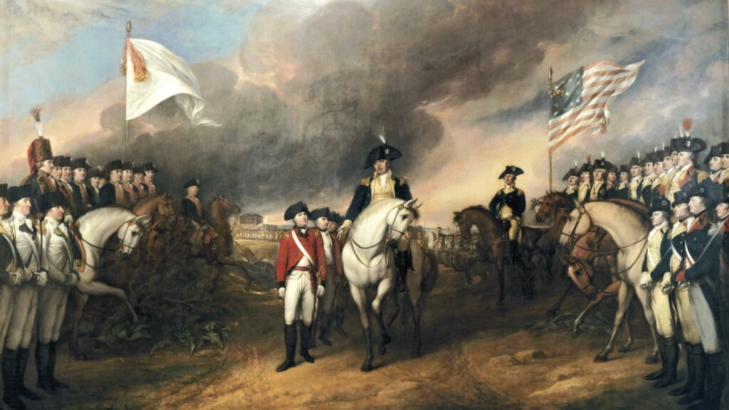 Surrender of Lord Cornwallis by John Trumbull (1820) The painting depicts the British surrendering to Benjamin Lincoln flanked by French (left) and Continental Army troops.