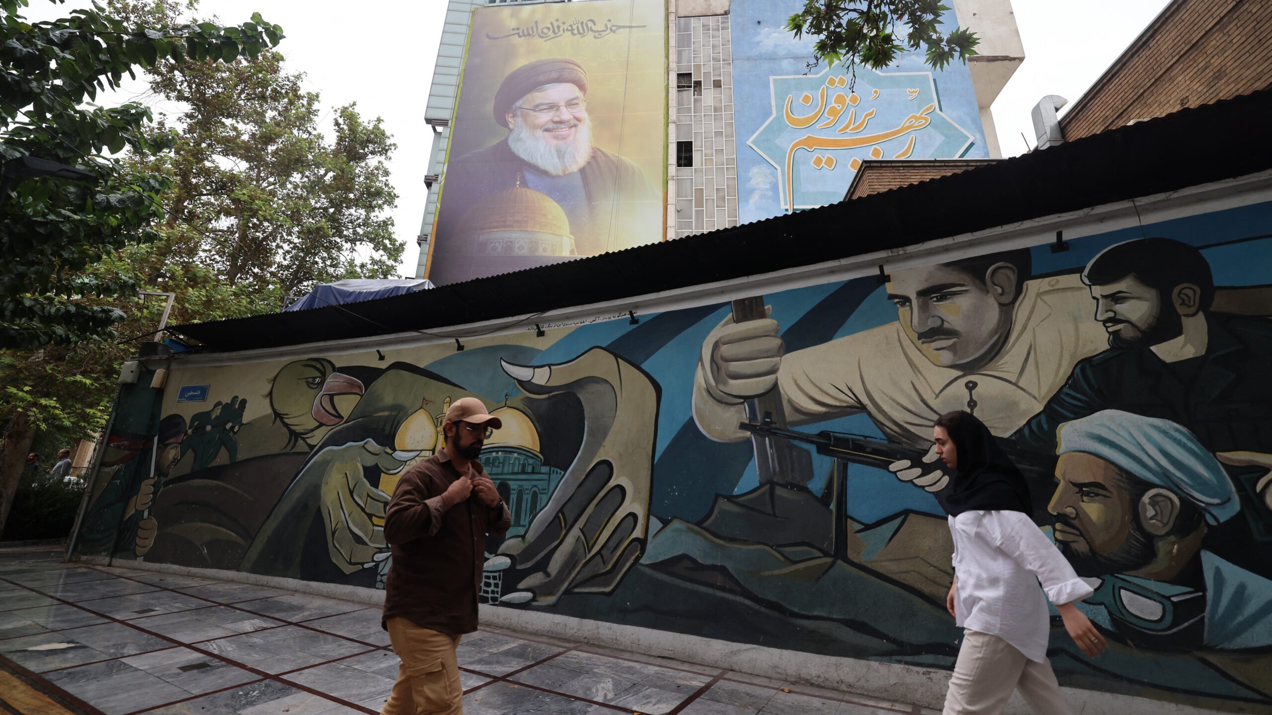 A billboard with the image of Hezbollah leader Hassan Nasrallah, killed in an Israeli air strike on 27 September, displayed in Tehran on 30 September 2024.