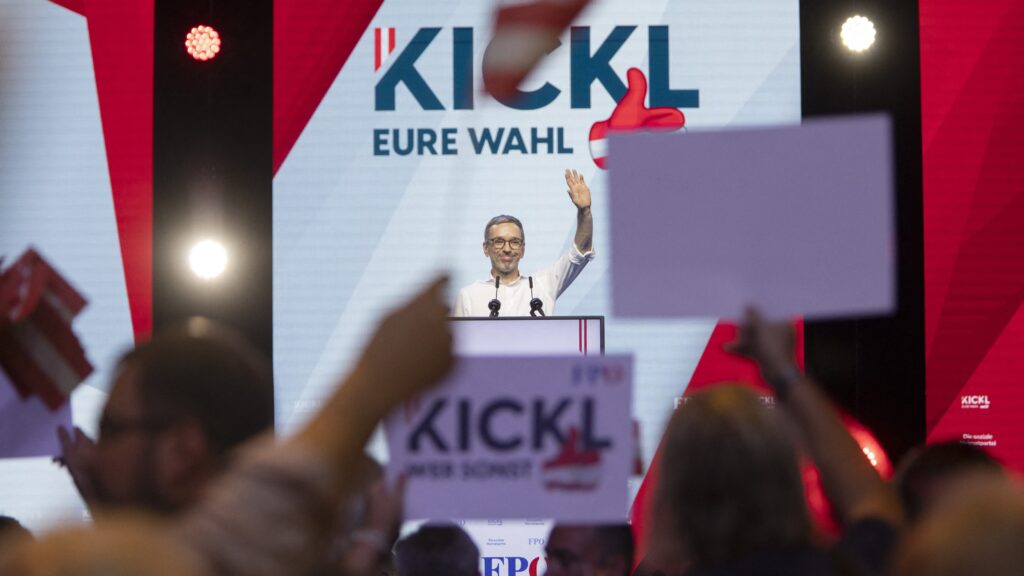 Freedom Party of Austria Chairman Herbert Kickl waves to his supporters after kicking off his party's electoral campaign in Graz, Austria on 7 September 2024.