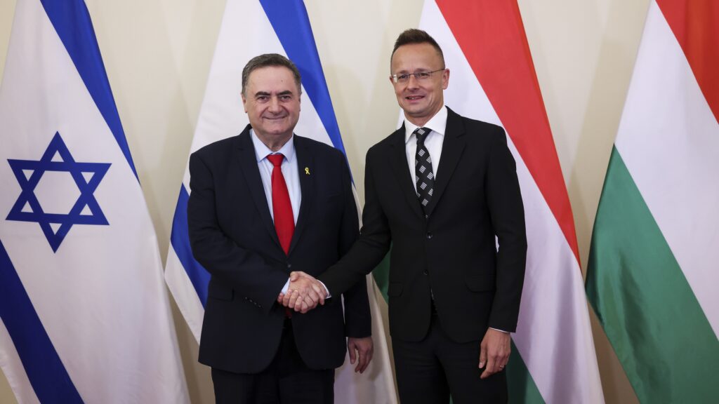 Israeli Foreign Minister Israel Katz (L) shakes hands with his Hungarian counterpart Péter Szijjártó (R) in Budapest, Hungary on 17 June 2024.