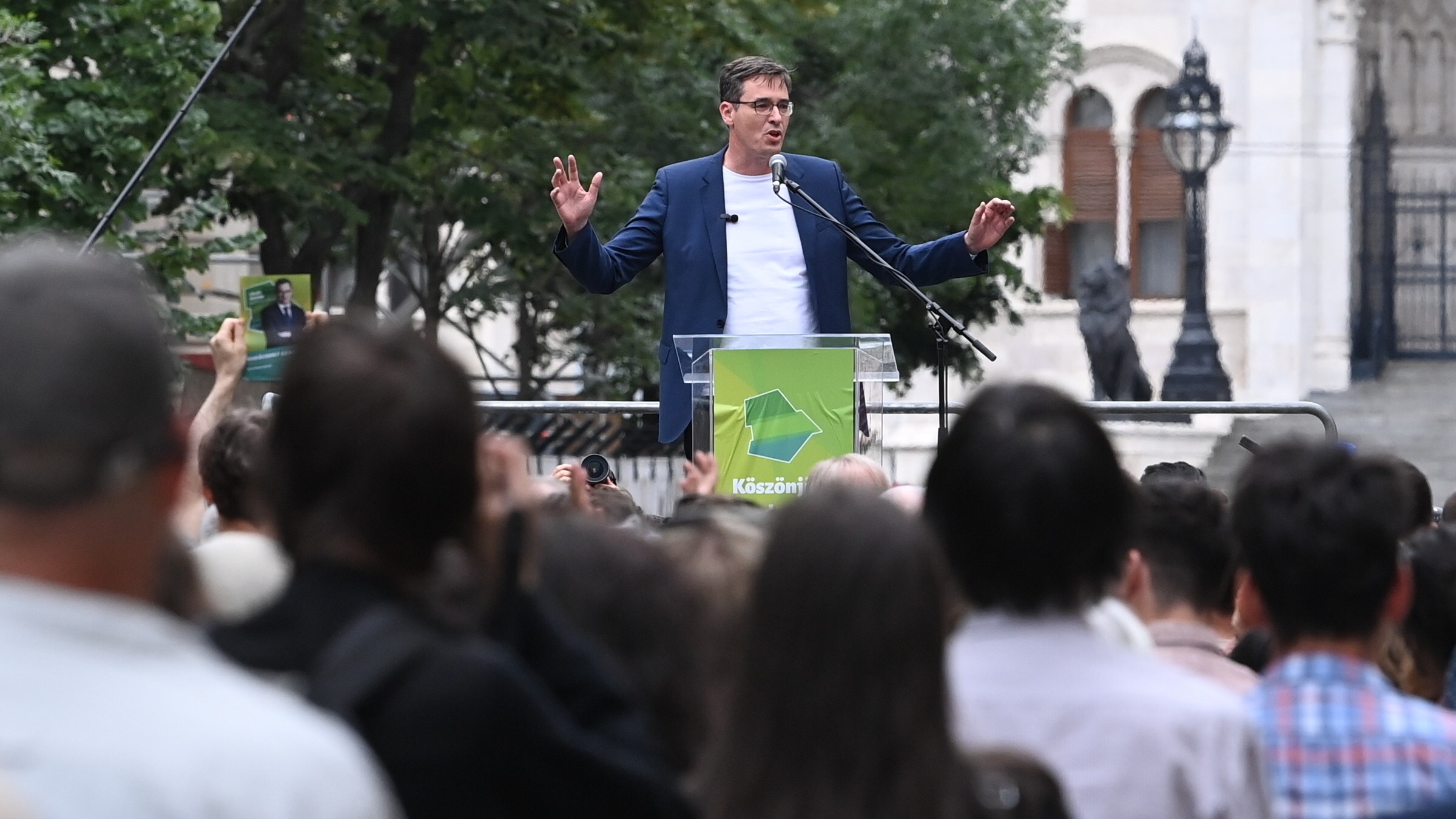 Gergely Karácsony speaks at the demonstration demanding ‘clean elections’ outside the headquarters of the National Election Commission on 14 June 2024 in Budapest.