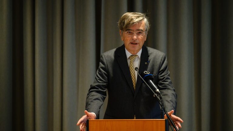 György Károlyi, a descendant of the last owner, speaks at the inauguration ceremony of the renovated stables of the Fehérvárcsurgó Károlyi Mansion on 20 November 2023.