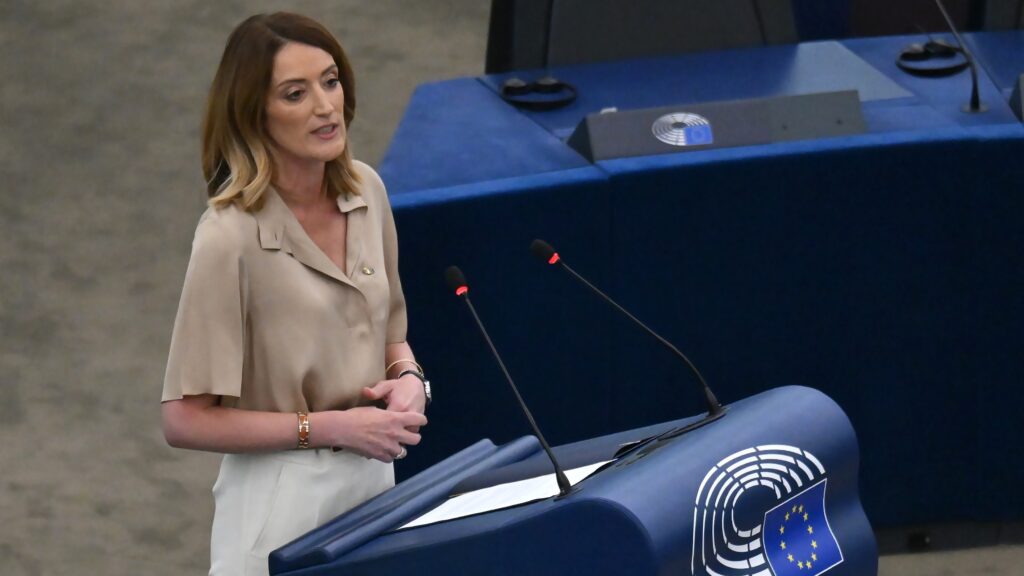 Roberta Metsola delivers her remarks in the European Parliament in Strasbourg following her re-election on 16 July 2024.