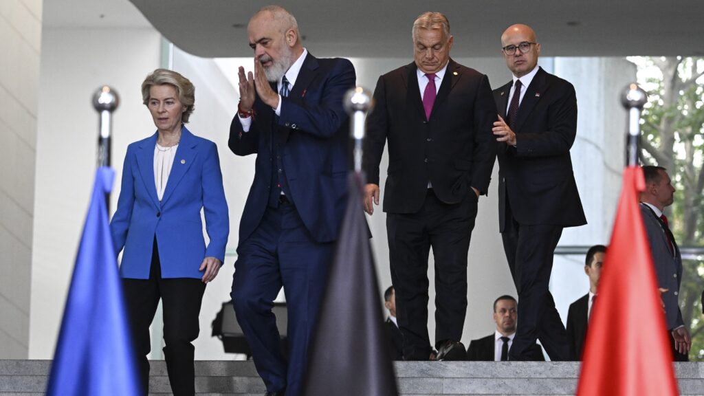 Edi Rama, Prime Minister of Albania speaks with European Commission President Ursula von der Leyen during the Berlin Process Summit 2024 on 14 October 2024 in Berlin, Germany