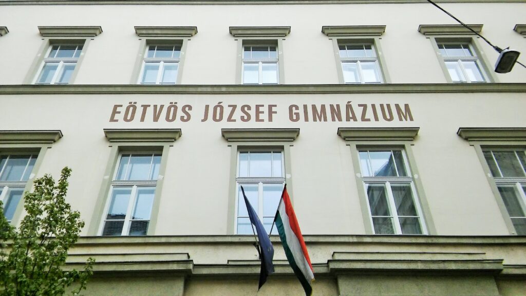 The facade of the Eötvös József Gymnasium in Budapest in 2023