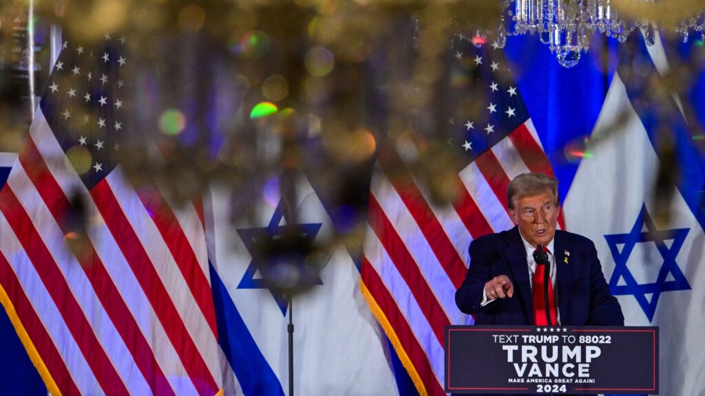 Former US President and Republican presidential candidate Donald Trump speaks at a remembrance event to mark the first anniversary of the Hamas attack on Israel at Trump National Doral golf club in Miami, Florida on 7 October 2024.