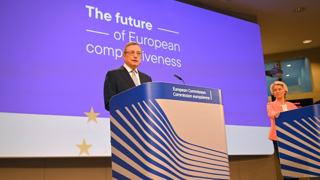 Former Italian prime minister and economist Mario Draghi (L) speaks as European Commission President Ursula von der Leyen listens on during a joint press conference about the future of European competitiveness at the EU headquarters in Brussels on 9 September 2024.