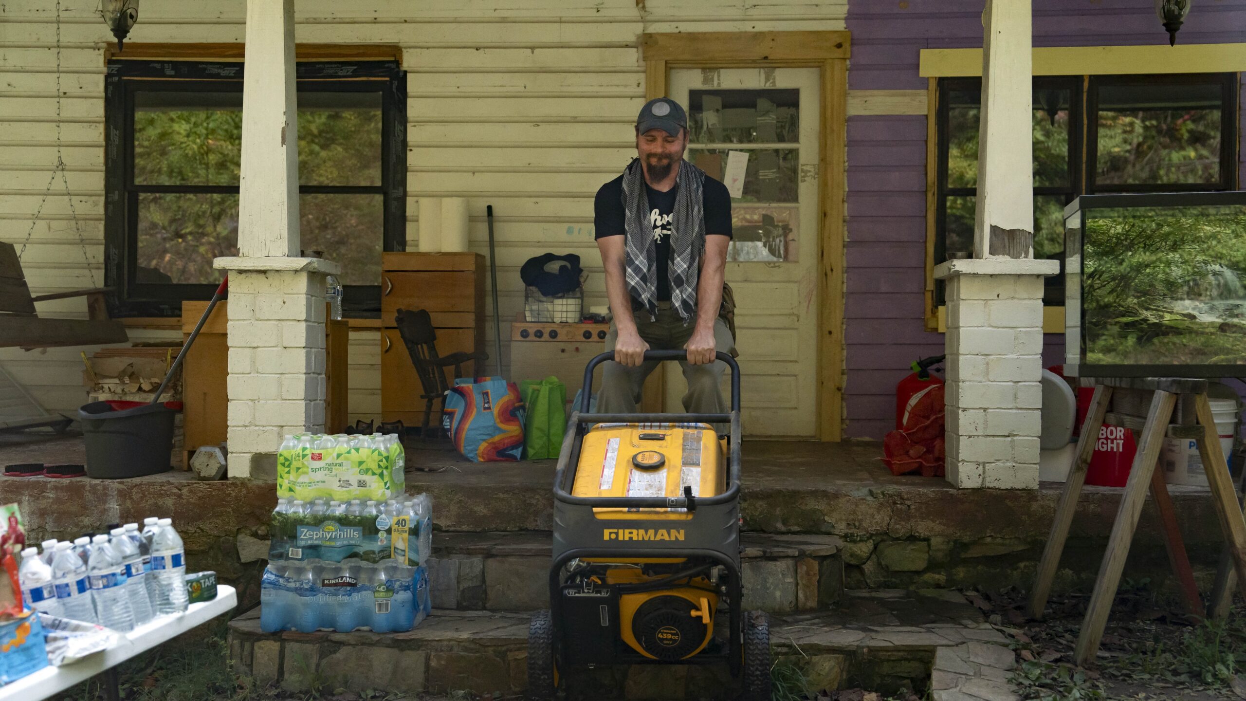 Christian Ranger Ricky Gillespie, retired military, brings a donated generator to a home in a remote community after a main road was washed out in Bee Log, Burnsville, North Carolina, on 6 October 2024, in the aftermath of Hurricane Helene.