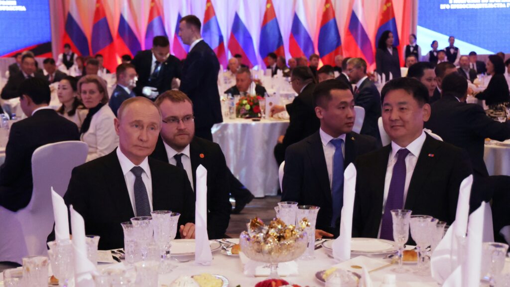 Vladimir Putin and Mongolian President Ukhnaagiin Khurelsukh attend a reception marking the 85th anniversary of the victory in the 1939 Battles of Khalkhin Gol in Ulaanbaatar on 3 September 2024.