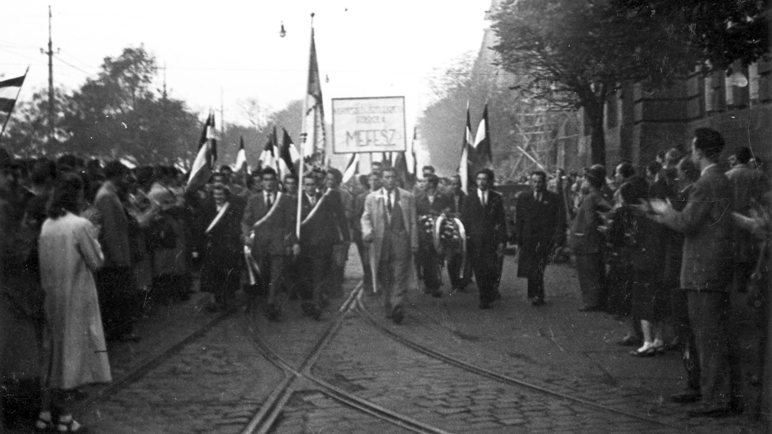 University students march from the University of Technology to Bem Square. The protest turned into a mass demonstration, marking the beginning of the revolution on 23 October 1956.