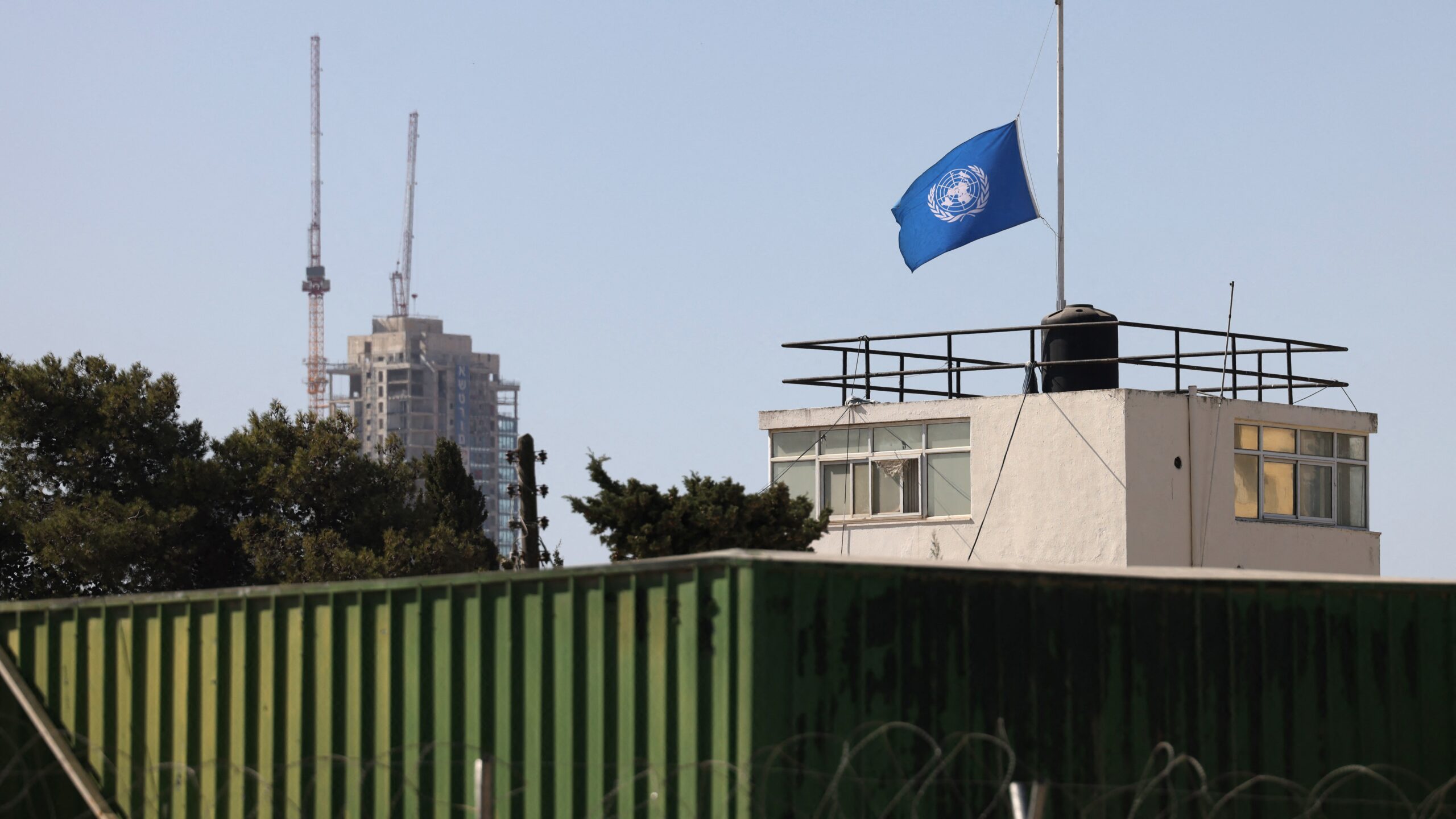 The flag of UNRWA (United Nations Relief and Works Agency) flies over their West Bank Field Office in Jerusalem on 29 October 2024.