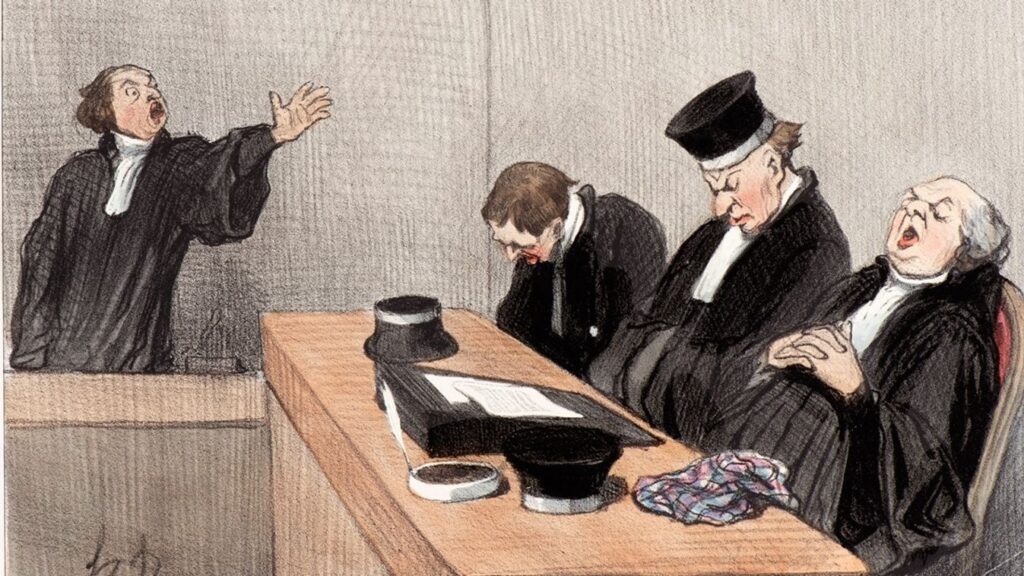 A cartoon titled Series Les Gens de Justice representing a lawyer pleading in court sleeping by Honoré Daumier, published in the French illustrated magazine Le Charivari on 15 August 1845.