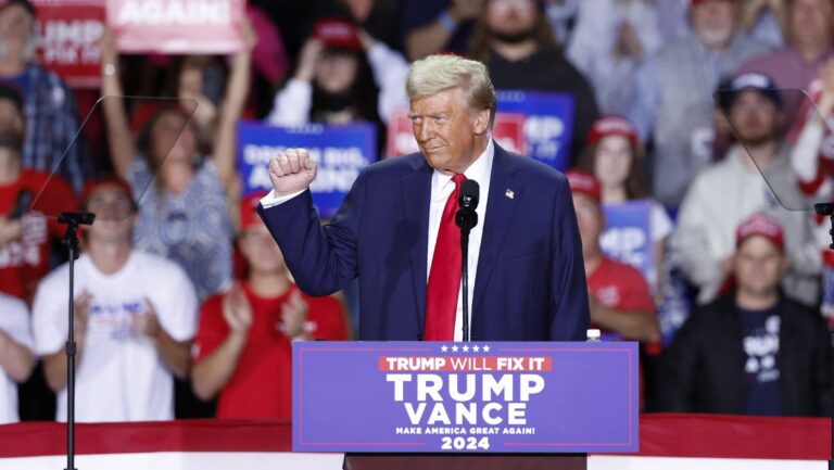 Former US President and Republican presidential candidate Donald Trump speaks at his last campaign rally at Van Andel Arena in Grand Rapids, Michigan on 5 November 2024