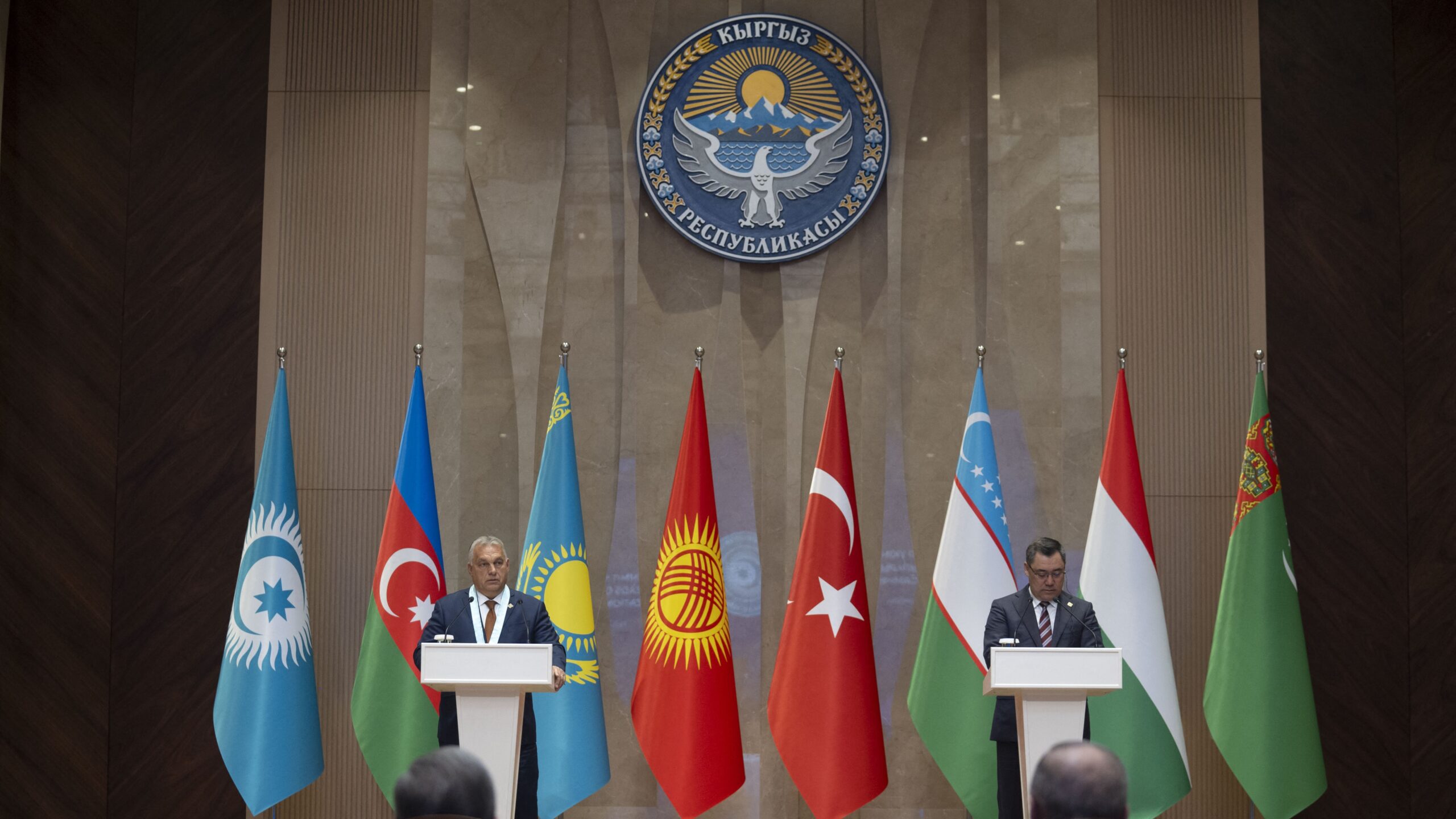 BISHKEK, KYRGYZSTAN - NOVEMBER 6: Hungarian Prime Minister Viktor Orban (L) gives a speech after receiving the Supreme Order of Turkic World by President of Kyrgyzstan Sadyr Japarov (R) during the 11th Summit of the Heads of State of the Organization of Turkic States (OTS) in Bishkek, Kyrgyzstan on November 6, 2024. Muhammed Selim Korkutata / Anadolu (Photo by Muhammed Selim Korkutata / ANADOLU / Anadolu via AFP)