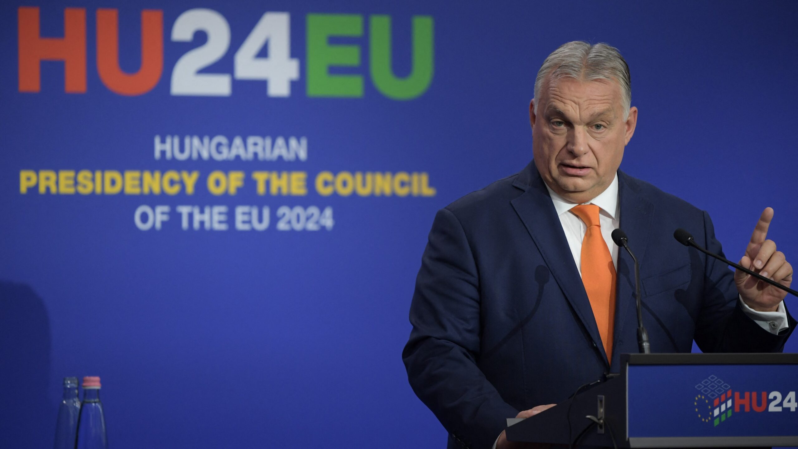 Hungary's Prime Minister Viktor Orban attends a joint press conference with the European Council President and President of the European Commission at the end of an Informal Meeting of Heads of State or Government of the European Union in Budapest, Hungary, on November 8, 2024. The fifth meeting of the European Political Community will see leaders from across Europe in Budapest and will address security challenges, including the war in Ukraine and the ongoing escalation in the Middle East. (Photo by Ferenc ISZA / AFP)