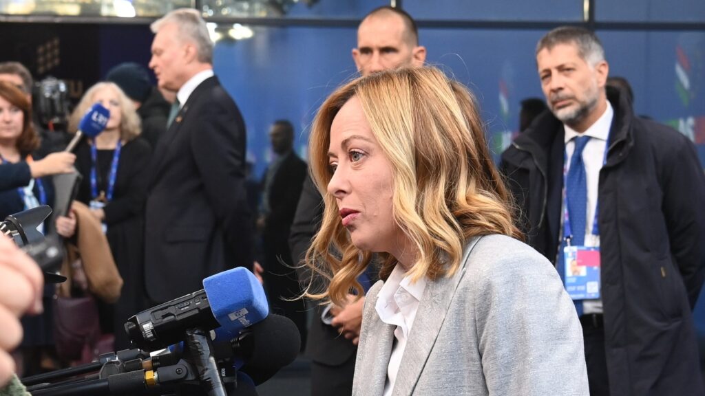 Giorgia Meloni speaks to the press in Budapest on 8 November 2024.