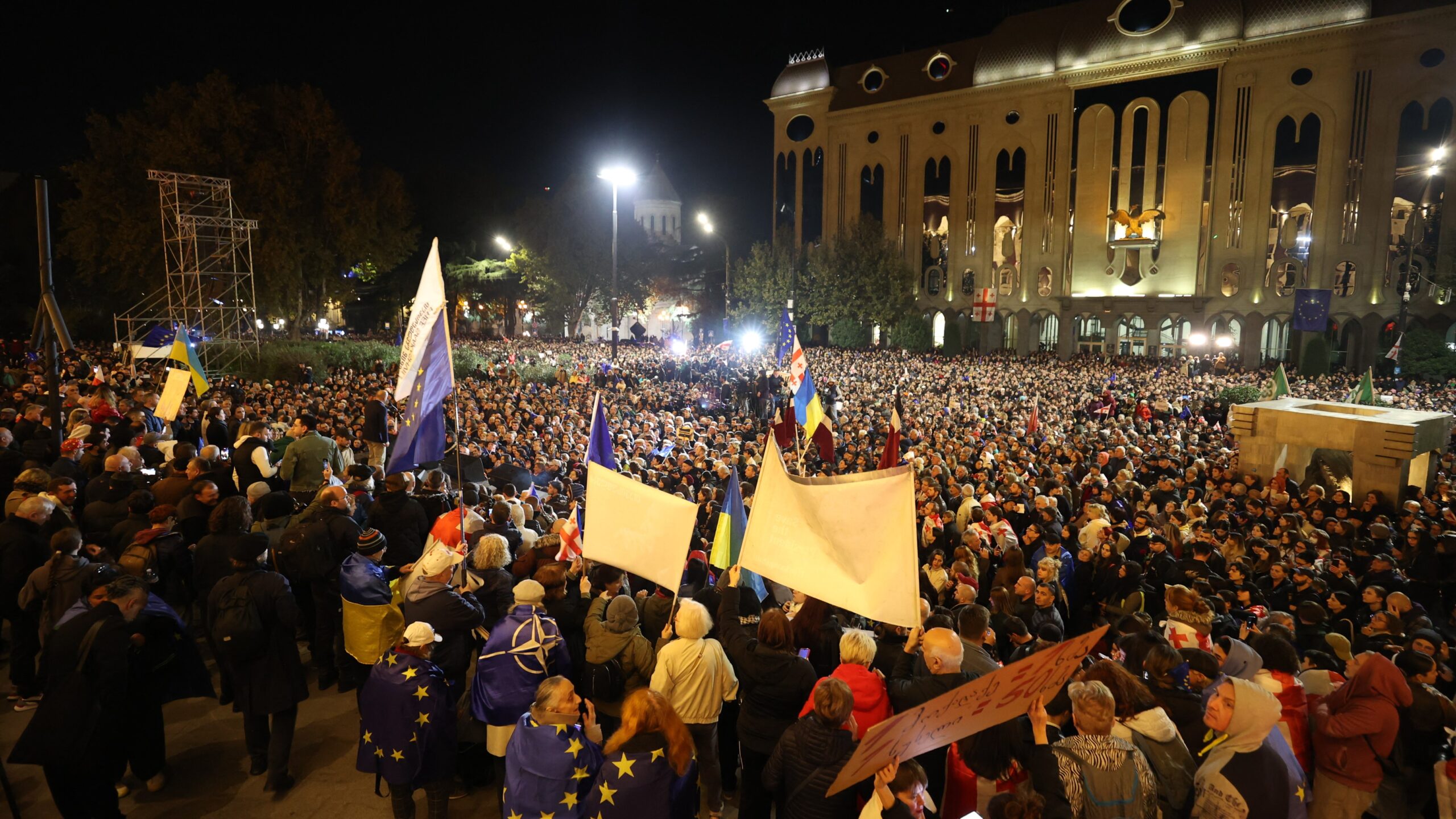 An opposition rally protesting the results of the parliamentary elections outside the parliament building in central Tbilisi, Georgia on 28 October 2024.