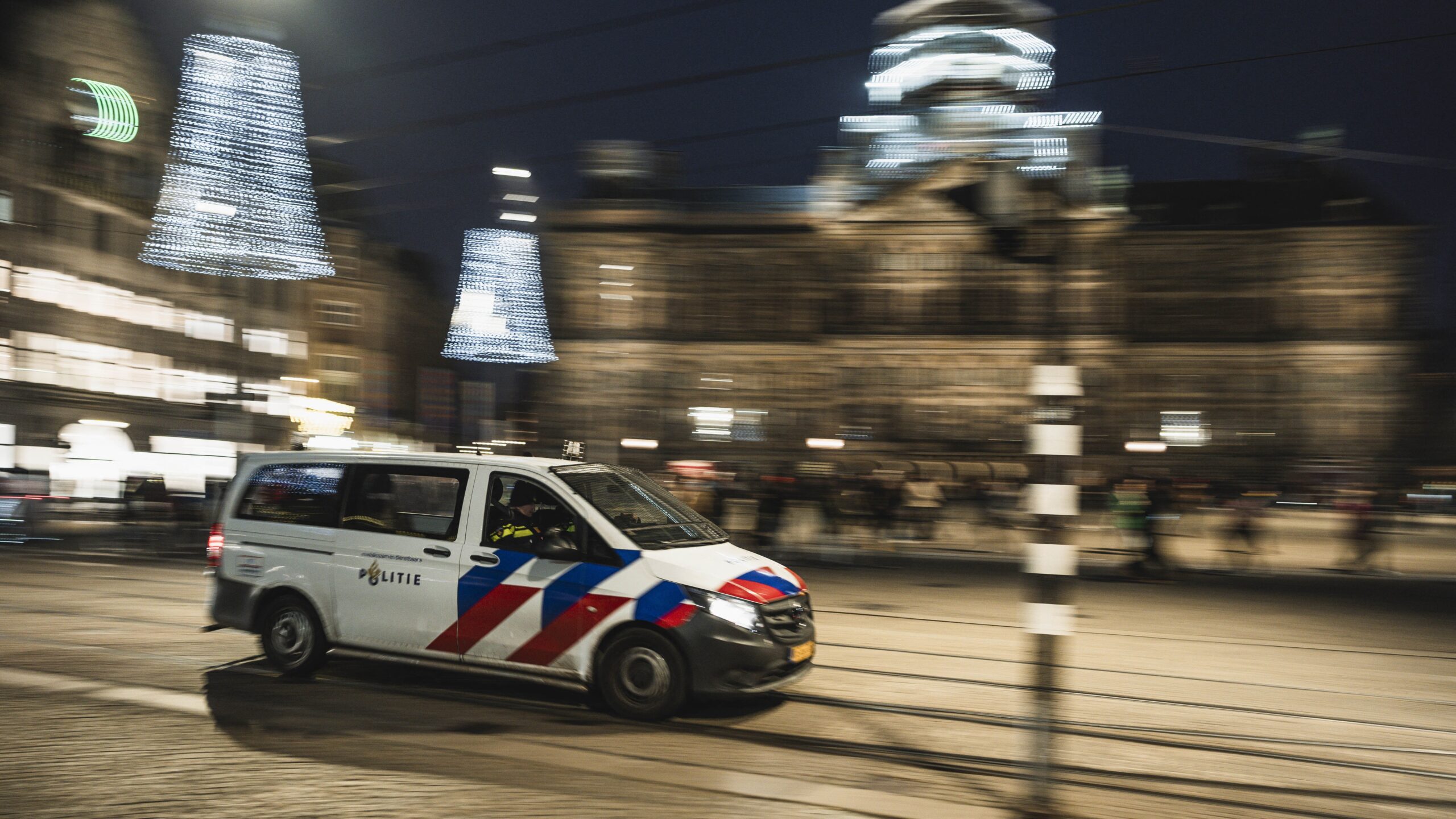 A police car in the centre of Amsterdam on 8 November 2024, the day after the attacks on Israeli football fans.