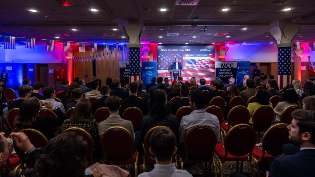 MCC Director General Zoltán Szalai welcomes the attendees at the MCC–Center for Fundamental Rights US election night event on 5 November 2024.