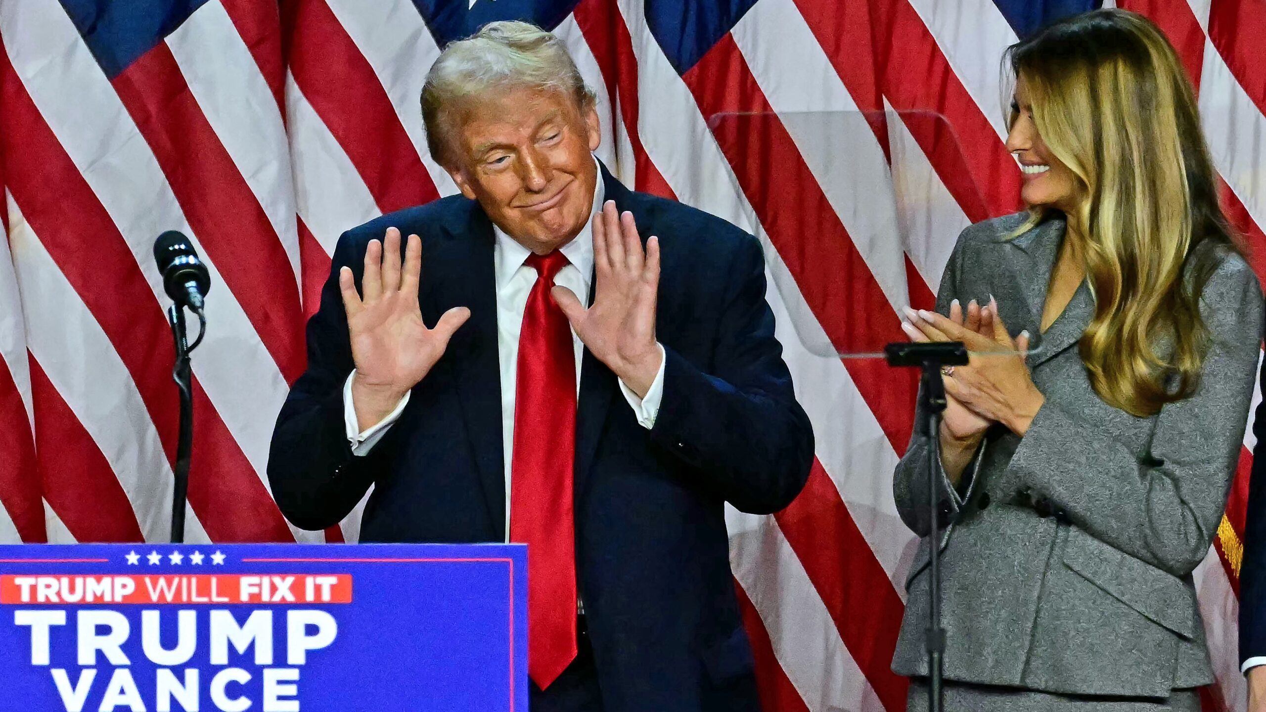 President-elect Donald J Trump on the podium after he delivered his victory speech at the West Palm Beach Convention Center in West Palm Beach, Florida on 6 November 2024.