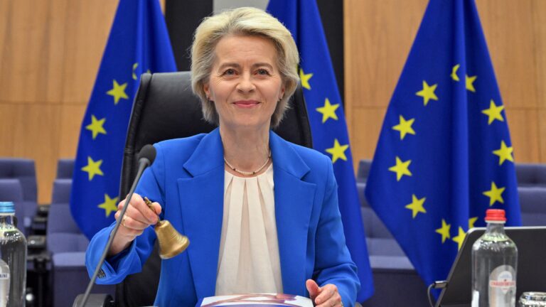 President of the European Commission Ursula Von der Leyen rings a bell to start the first meeting of the new College of Commissioners of the European Union in Brussels on December 4, 2024. (Photo by Nicolas TUCAT / AFP)